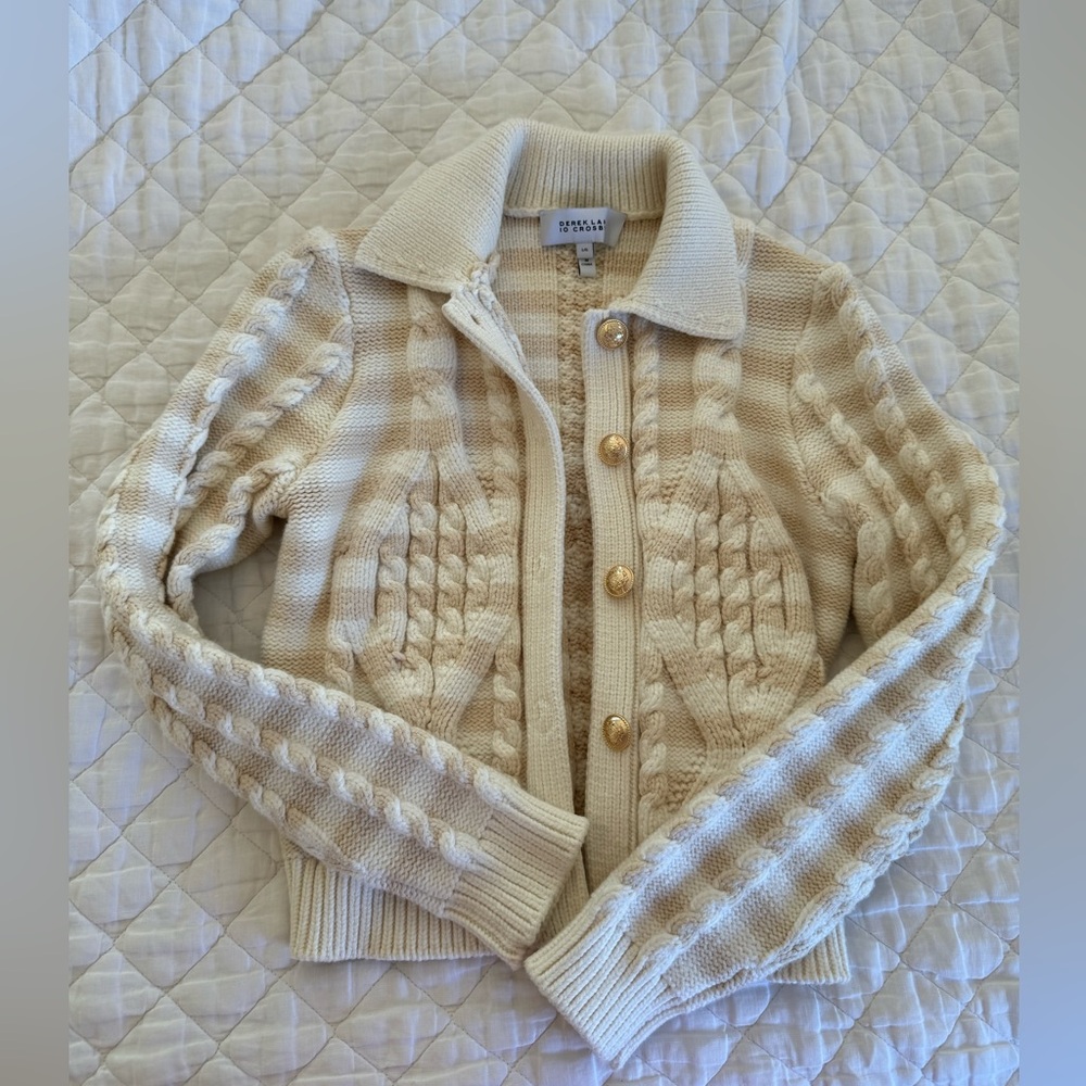 Derek Lam Cream and White Striped Cable-knit Cardigan Sweater, fits a small